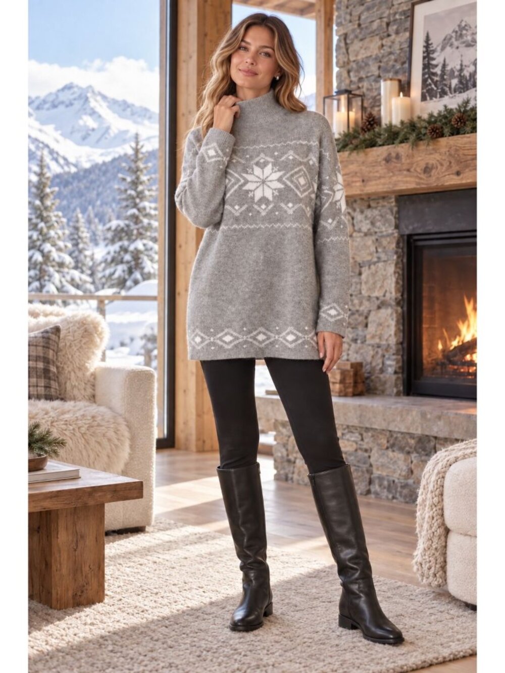 Christian Siriano Sweater Women M Gray Snowflake Fair Isle Turtleneck Tunic